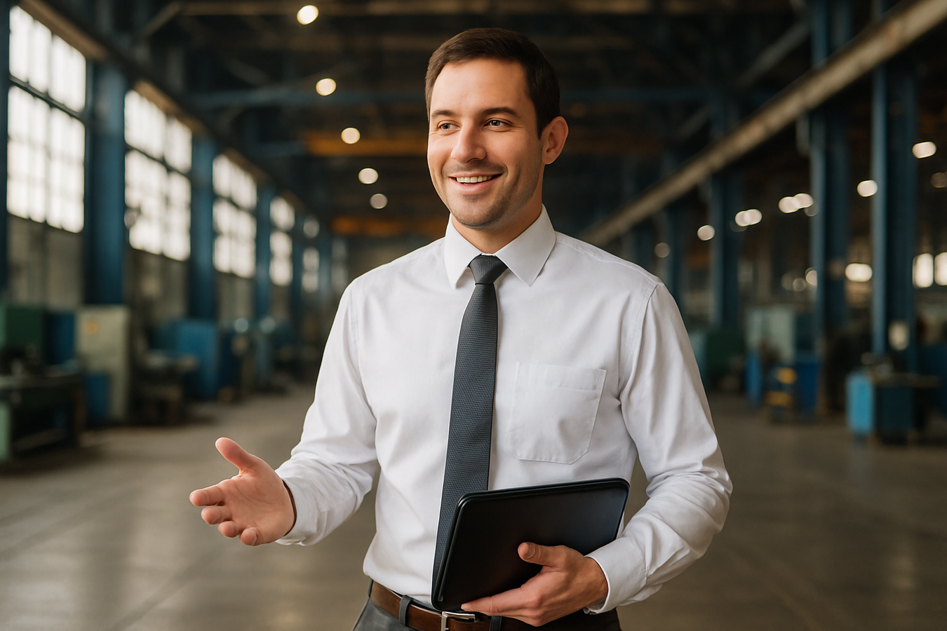 Create an image of a real B2B sales rep working out in the field (like an industrial building or a transit agency